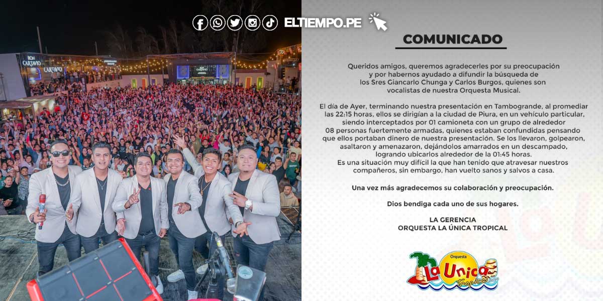 La Única Tropical anuncia que suspenderá presentaciones tras asalto de sus vocalistas