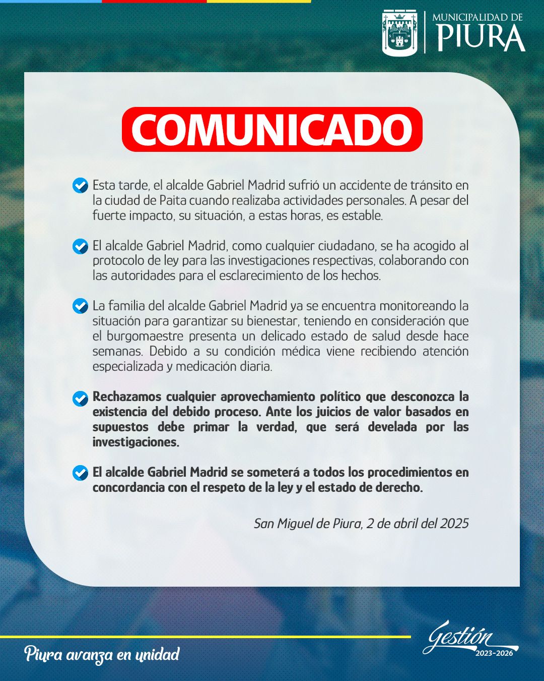 Comunicado de la Municipalidad de Piura tras la detención del alcalde Gabriel Madrid