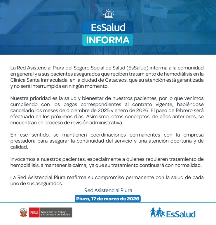 EsSalud Piura,Hemodiálisis Catacaos,Clínica Santa Inmaculada,Salud Piura,Deuda EsSalud,Pacientes renales,Noticias Piura hoy,El Tiempo Piura