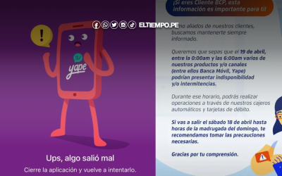 BCP suspenderá servicios digitales y Yape durante la madrugada del 19 de abril